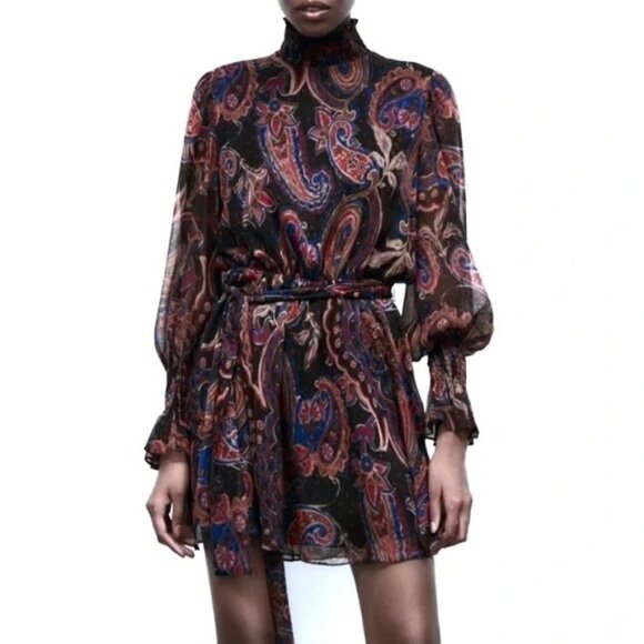 Zara Chiffon Paisley Printed Mini Dress With Belted Waist & Long Sleeves - Picture 1 of 12